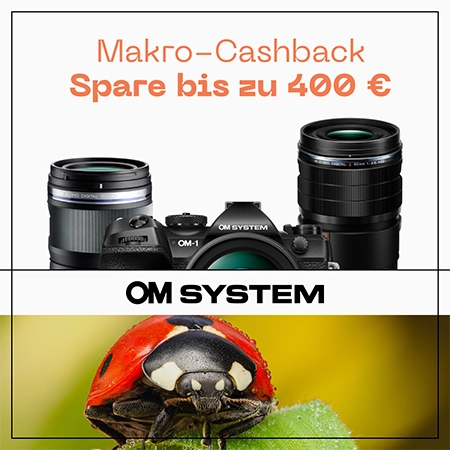 OM SYSTEM Makro-Cashback Entdecken Sie die faszinierende Welt der Makrofotografie: Mit OM SYSTEM Kameras und M.Zuiko Makro-Objektiven fangen Sie kleinste Details mit außergewöhnlicher Präzision ein.<br />
Nutzen Sie jetzt die Chance auf das attraktive Makro-Cashback und sichern Sie sich beim Kauf ausgewählter Produkte eine Rückerstattung von bis zu 400 €.