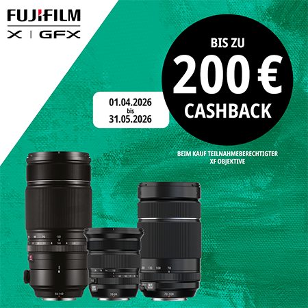 Fujifilm XF Objektiv Cashback Aktion mit bis zu 200 Euro beim Kauf teilnahmeberechtigter Objektive vom 01.04. bis 31.05.2026