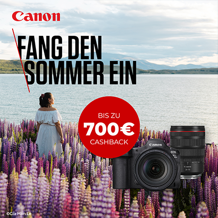 Canon Sommer-Cashback-Aktion mit bis zu 700 € Cashback auf ausgewählte Kameras und Objektive vor sommerlicher Landschaftskulisse.