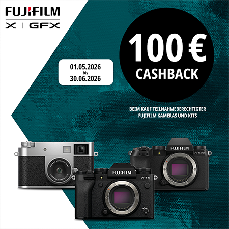 FUJIFILM X/GFX Cashback-Aktion mit 100 € Cashback auf ausgewählte Kameras und Kits, gültig vom 01.05.2026 bis 30.06.2026.