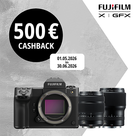 FUJIFILM GFX Cashback-Aktion mit 500 € Cashback auf ausgewählte Kameras und Objektive, gültig vom 01.05.2026 bis 30.06.2026.