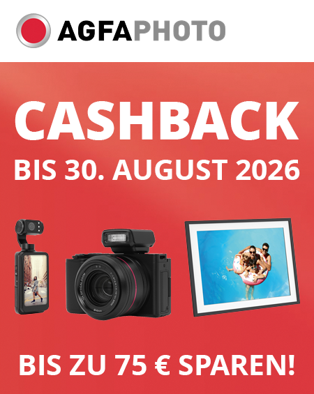 AGFAPHOTO Cashback-Aktion bis 30. August 2026 – bis zu 75 € Cashback auf ausgewählte Kameras, Camcorder und digitale Bilderrahmen.