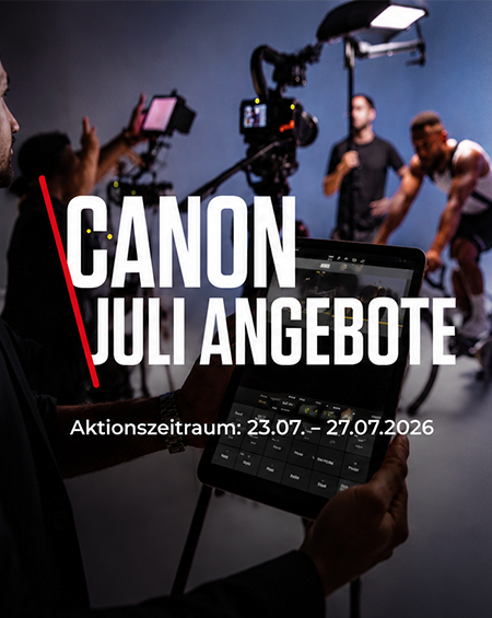 Canon Juli Angebote – Aktionsbanner mit Videoproduktion und Tablet. Profitieren Sie vom 23.07. bis 27.07.2026 von attraktiven Angeboten auf ausgewählte Canon Produkte.