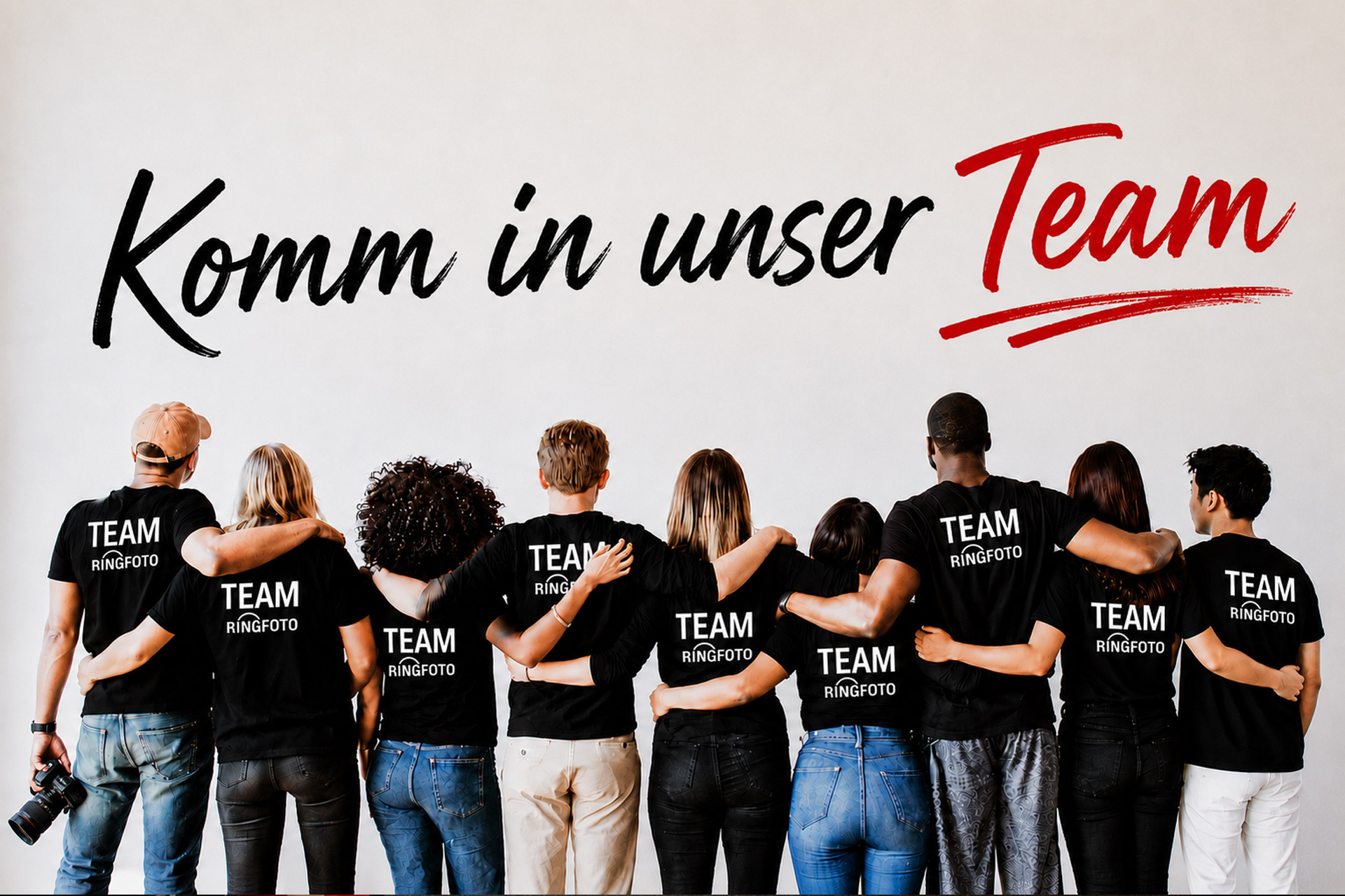 RINGFOTO Team steht gemeinsam Arm in Arm vor dem Schriftzug „Komm in unser Team“.