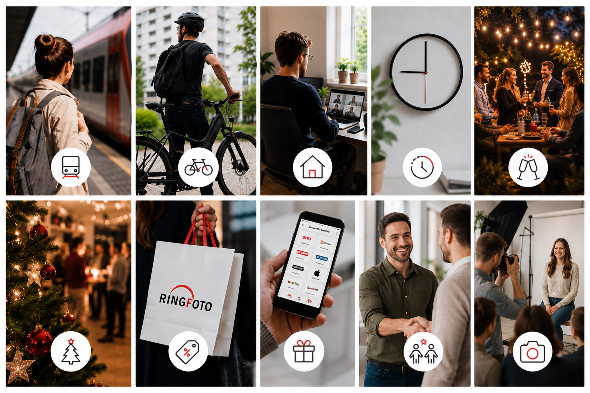 Übersicht der Mitarbeiter-Benefits bei RINGFOTO mit Mobilität, Homeoffice, flexiblen Arbeitszeiten, Teamevents, Rabatten und weiteren Vorteilen.