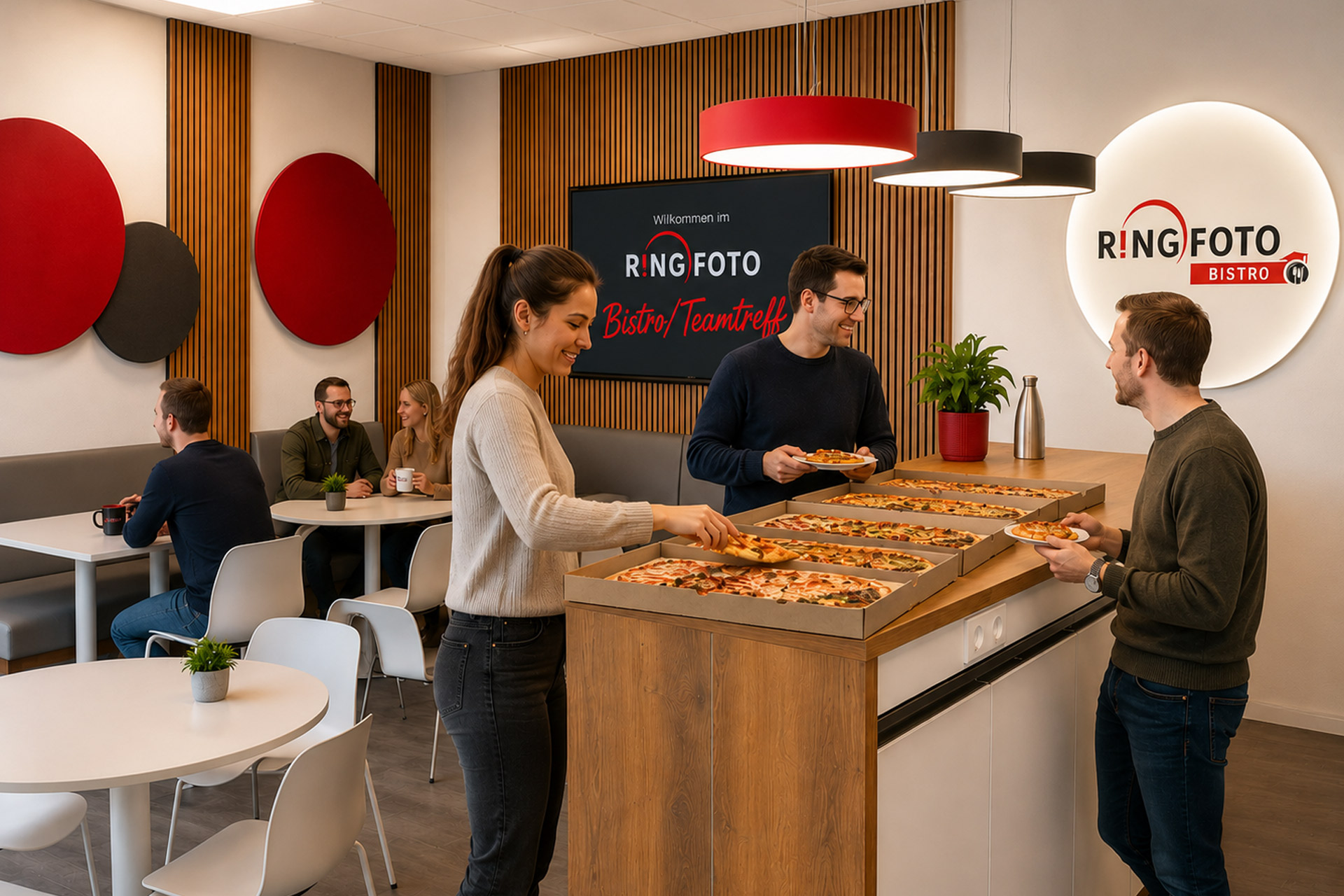 Mitarbeitende von RINGFOTO beim gemeinsamen Mittagessen und Austausch im RINGFOTO Bistro.